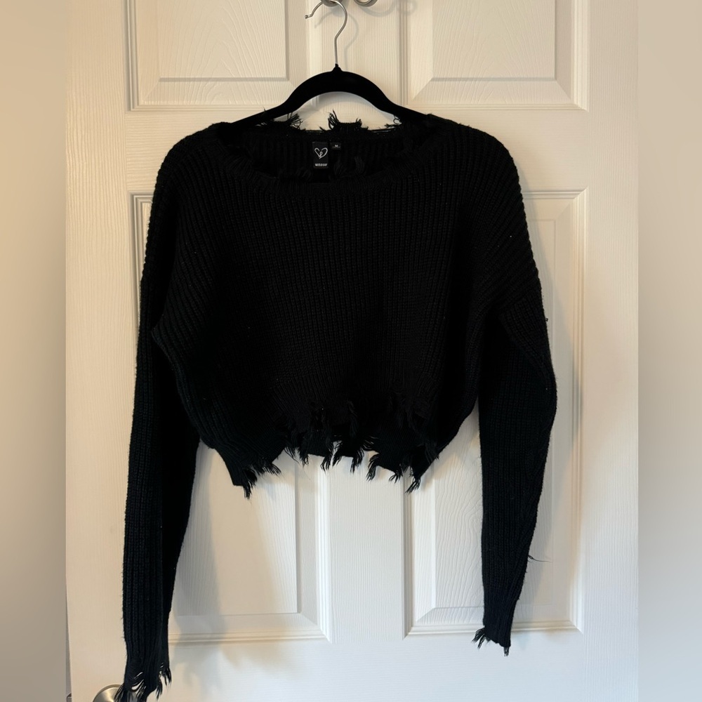 Distressed, Frayed Cropped Black Windsor Sweater